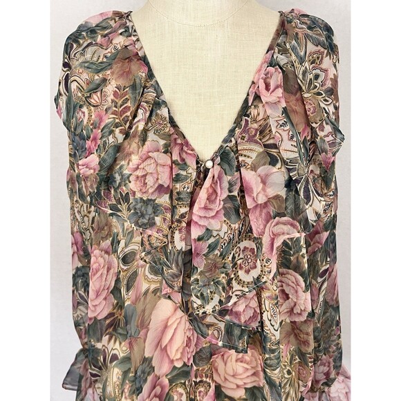 Victoria’s Secret Gold Label Sheer Floral Blouse Pearl Button VNeck Romantic M/L - Picture 2 of 15